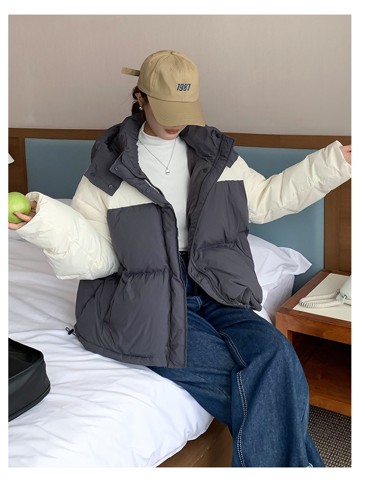 撞色羽绒棉服女2023新款冬季韩系宽松小个子短款连帽棉衣面包服厚详情12