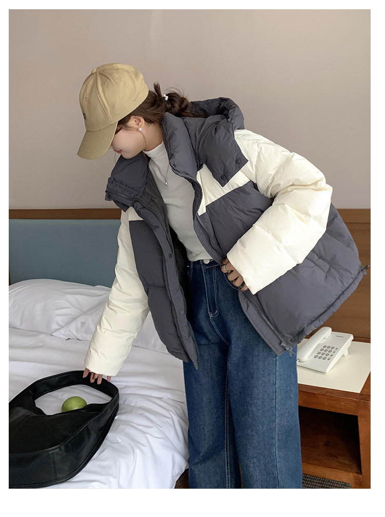 撞色羽绒棉服女2023新款冬季韩系宽松小个子短款连帽棉衣面包服厚详情13