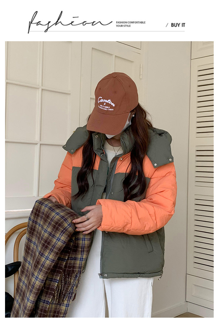 撞色羽绒棉服女2023新款冬季韩系宽松小个子短款连帽棉衣面包服厚详情15
