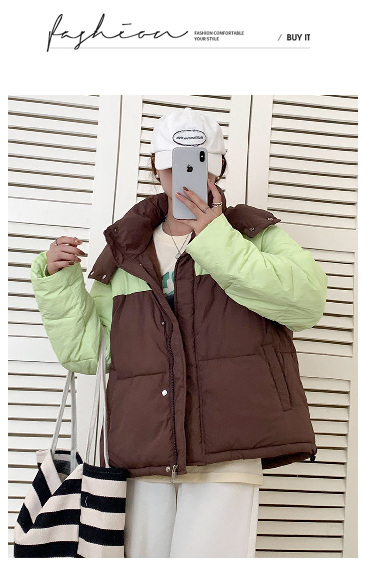 撞色羽绒棉服女2023新款冬季韩系宽松小个子短款连帽棉衣面包服厚详情21
