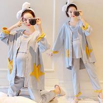 Pregnant woman sleeps special pure cotton moon for pregnancy spring autumn three sets of nursing clothes for breast feeding T-shirt large code gestation woman dress