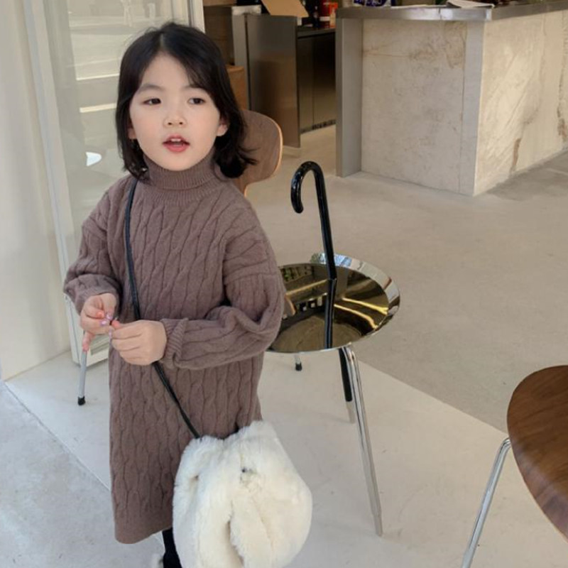 2022 Spring and Autumn Children's Clothing Girls Warm High Neck Twist Sweater Children's Casual Solid Color Versatile Knitted Dress