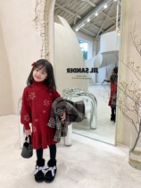 Girls Christmas dress festival High collar sweater dress Korean version Temperament Baby Knit Dress Child Snowflake medium Long dress