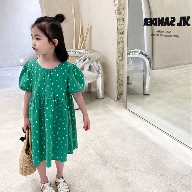 Eve Children's Dress Little Girl Love Printing Love Doll Girl Green Little Fresh Sweet Dress