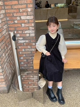 Spring Autumn Clothing 2022 Girls with bubbly sand sleeves Knitted Sweater Sweater Black Vest One-piece Dress Two Suits