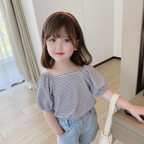 Girls Summer T - shirt 2022 new girl babys handkerchief edition of tops childrens ocean striped t - shirt