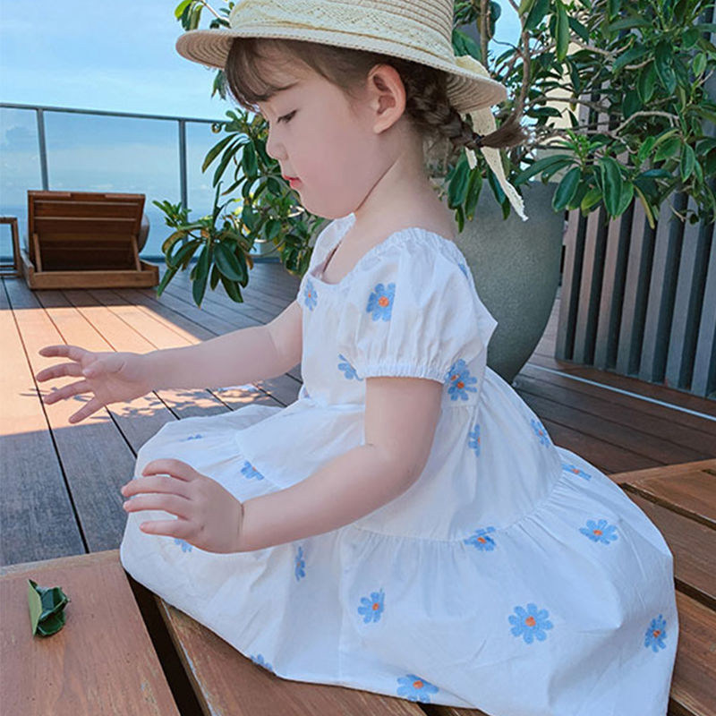 Summer New Korean Dress Fan Printing Short Sleeves Girl Baby White Daisies Crush Princess