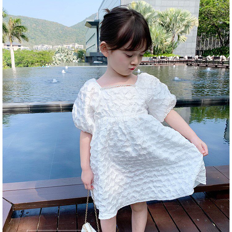 Girl Summer Dress White Bubble Sleeve Kids Summer Baby Galaxy Girl Short Sleeve Fashion Princess