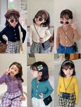 2022 Early spring new girl baby Han version 100 lap sweaters jacket children knit cardiovert pure color fashion blouse