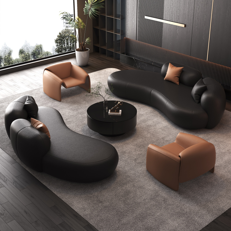 Italian-Style Light Luxury Black High-End Curved Sofa Set for Large and Small Apartments, Living Room Reception Area, Beauty Salon, Hair Salon, Clothing Store
