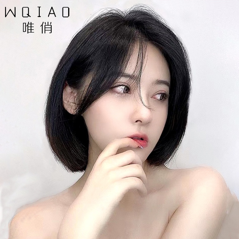 Wig women's short hair parted bangs fashion new full headgear natural fluffy real hair full real human hair wig set