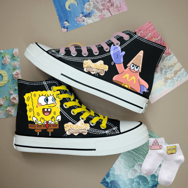 Spongebob Squarepants Hand-Painted High-Top Canvas Shoes for Women, New Autumn Korean Style Versatile Student Sneakers Trendy