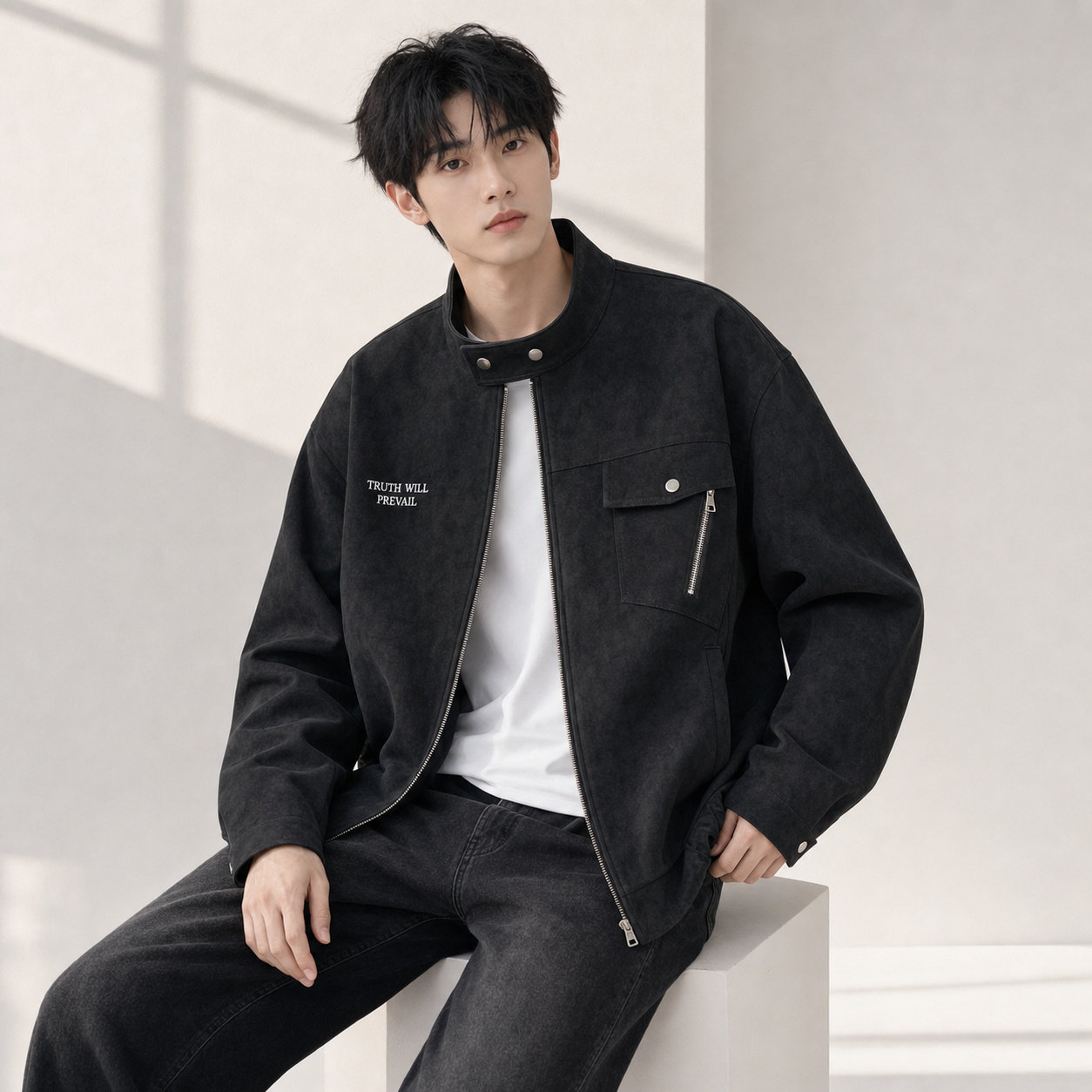 Men's Jacket Spring and Autumn 2026 New Trendy Casual Stand Collar Faux Suede Jacket Men's Parka High-End Leather Jacket for Men