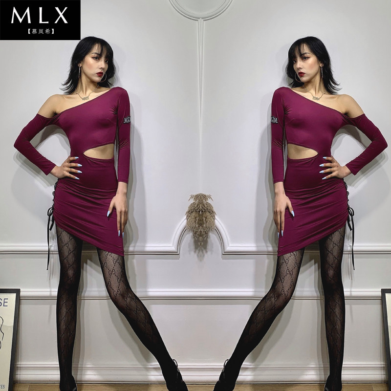 MLX6512 new national standard dancing performance clothing Latin dance adult female sashimi with missing shoulder even body dress