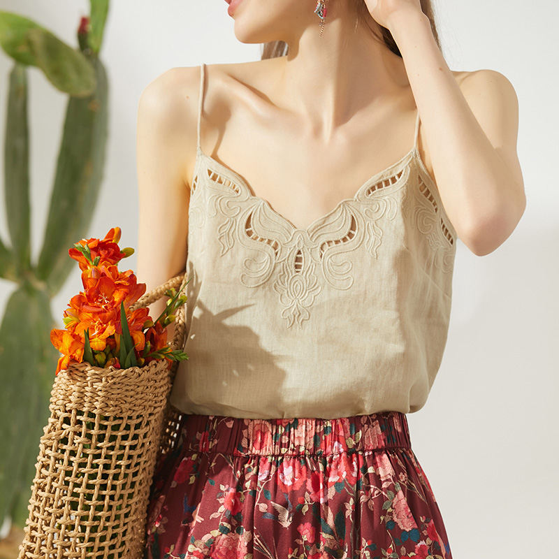 XEXZ sling female 2022 new summer hollowed-out thin linen vest home service summer bottoming top