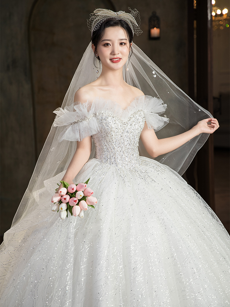 Palace style main wedding dress luxury big tail 2022 new bride one-shoulder super fairy French retro welcome dress