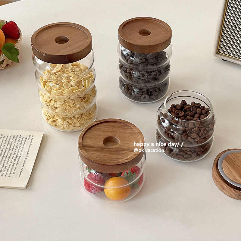 Day Style Sealed Jar With Lid Containing Bottle Wood Cover High Face Value Kitchen Coffee Bean Oat Pasta Containing Glass Jars 