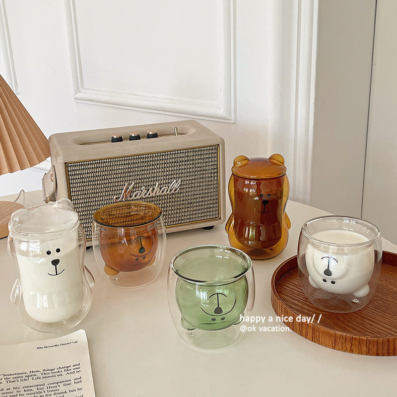 Korea in the same cute girl heart stereo fresh full-body bear double heat resistant glass cup