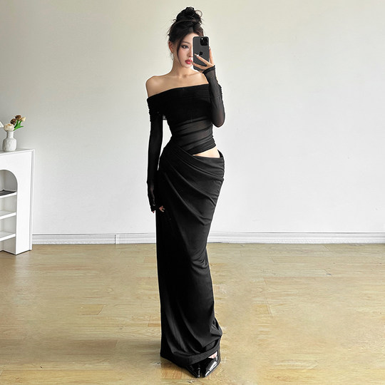 Hot girl style long skirt solid color hollow one-shoulder skirt