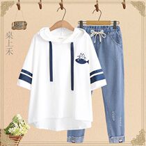Junior high school girls 12-15 years old students summer two-piece suit big girls hooded short-sleeved suit 16 high school students 17