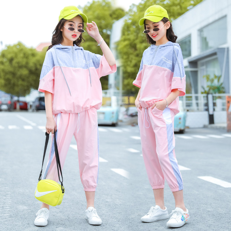 Big girl summer suit 12-15 years old 2021 new foreign style summer loose sports big boy women's clothing fat girl