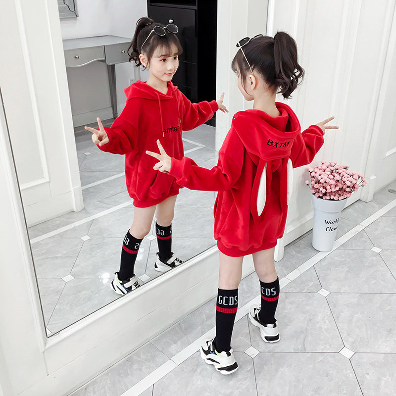 Girls' sweater autumn and winter clothes 2019 new gold velvet plus velvet thickened long sweater skirt big children's hooded top