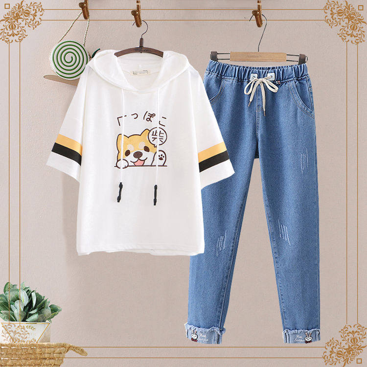 Junior high school students 12-16 years old girl short-sleeved T-shirt loose Korean version cute 13 high school cotton summer suit