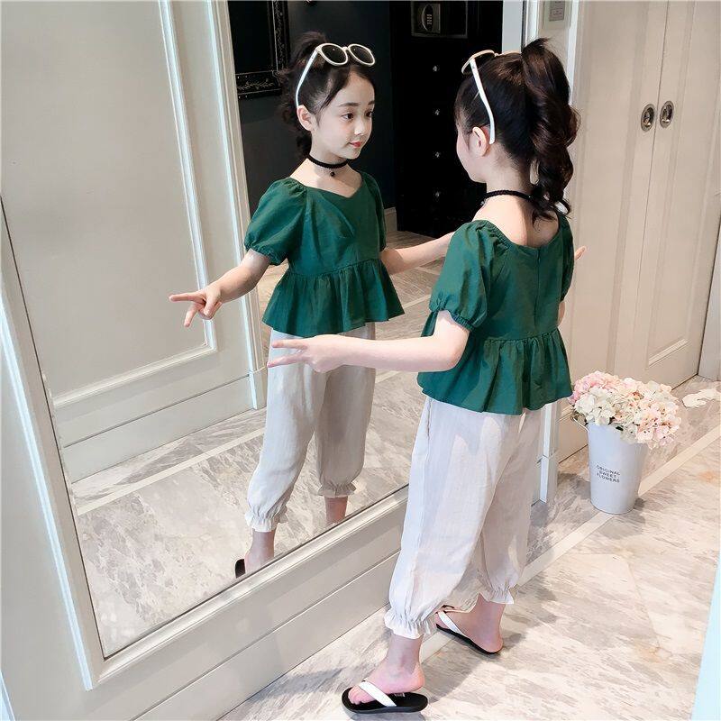 Girls' summer suit 2021 new children's foreign style summer short-sleeved middle-aged and young girls' cropped pants two-piece set