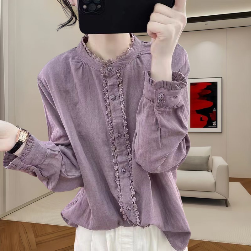 Lotus Leaf Sleeve Cotton Long-Sleeved Shirt for Women, Lace Splicing Top, 2025 Spring Loose Retro Stand-Up Collar Base Shirt Lotus Leaf Sleeve Cotton Long-Sleeved Shirt for Women, Lace Splicing Top, 2025 Spring Loose Retro Stand-Up Collar Base Shirt