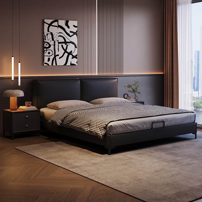 Italian Minimalist Tofu Block Leather Bed, Floor-Standing Style, High-End and Elegant Master Bedroom King Bed, 2025 New Model Wedding Bed, Double Bed