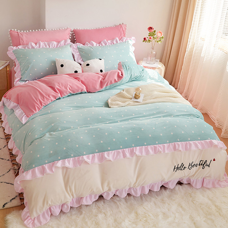 Girl heart spring and autumn milk crystal velvet four-piece double-sided coral fleece flannel quilt cover princess bedding