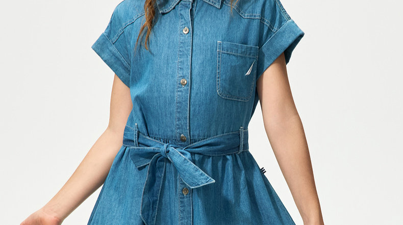 платье nautica/诺帝卡童装 女童牛仔连衣裙夏季新款儿童牛仔裙装衬衫领
