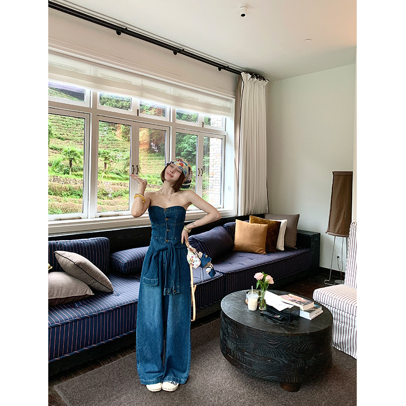 Ana Phora Korean Style Denim Tube Top Jumpsuit Summer New High-Waisted Slim Fit Long Pants