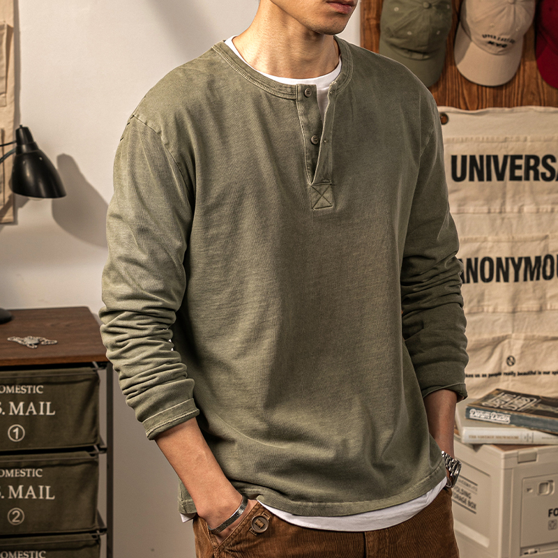 Henry Shirt Men's Long-Sleeved T-Shirt Henry Collar American Retro Distressed Army Green Pure Cotton Henley Shirt Base Shirt Top