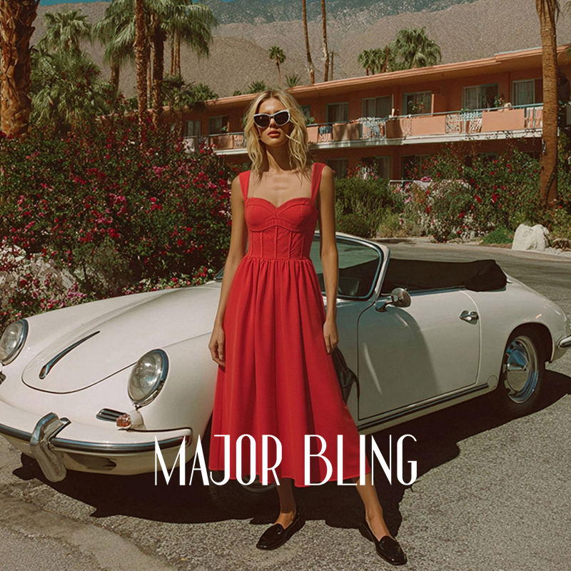 Major Bling【Red Encounter】Red Fishbone Umbrella-Shaped Large Hem Mid-Length Dress