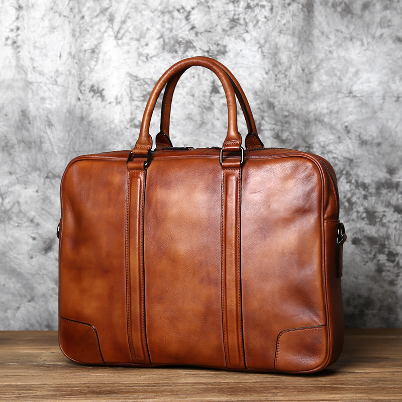 Retro handmade leather rubbing color handbag vegetable tanned first layer cowhide briefcase leather horizontal business computer men's bag