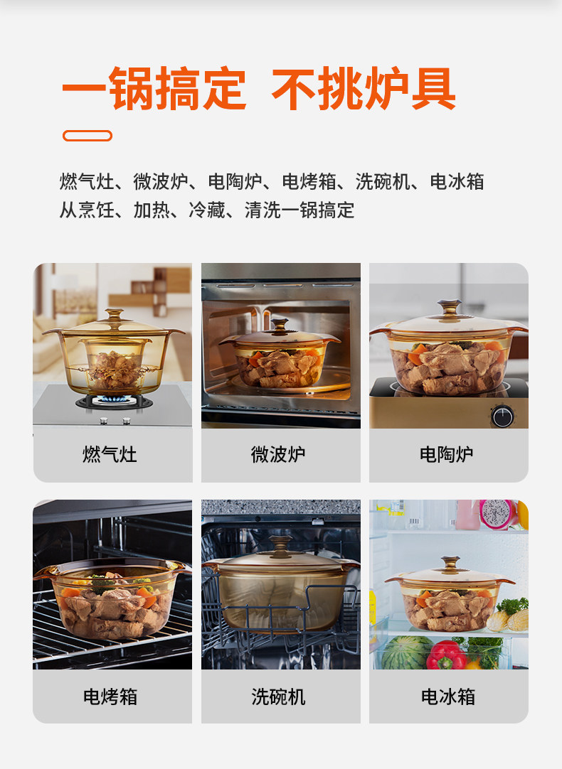 美国康宁 VISIONS晶彩 玻璃炖锅 3.2L+1.1L套组 图3