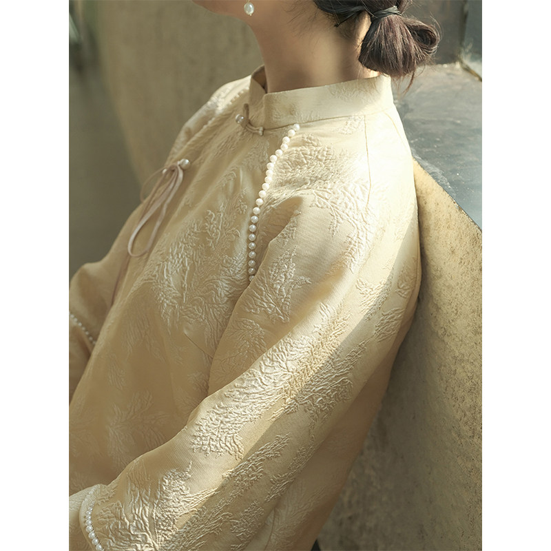 Mountain Colored Spring Summer New Chinese Style National Wind Female Tea Suit Genuine Silk Jacquard Tray Button Long Sleeves Zen to improve the qipao dress-Taobao