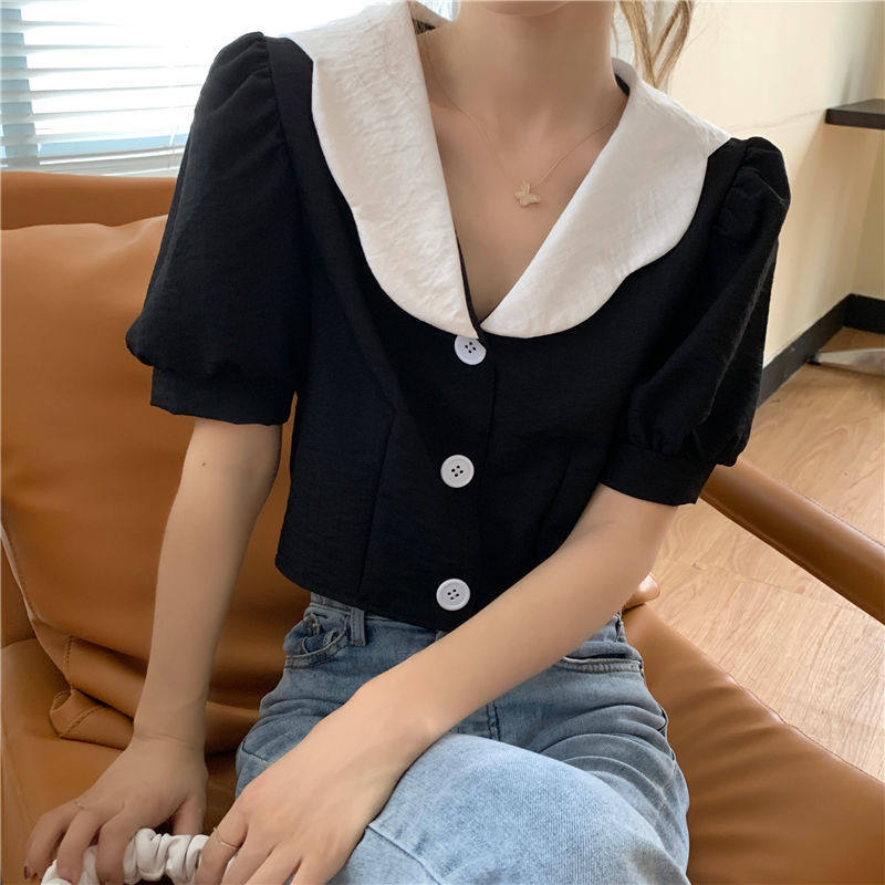 Short jacket Women high waist Farage style short sleeves 2021 Summer new blue design Sensation Bubble Cuff doll collar shirt