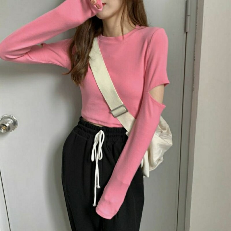 (95 cotton) 2021 Korean version sashimi student Piercing Shirt With Slim Round Collar Short blouses Long sleeves T-shirt