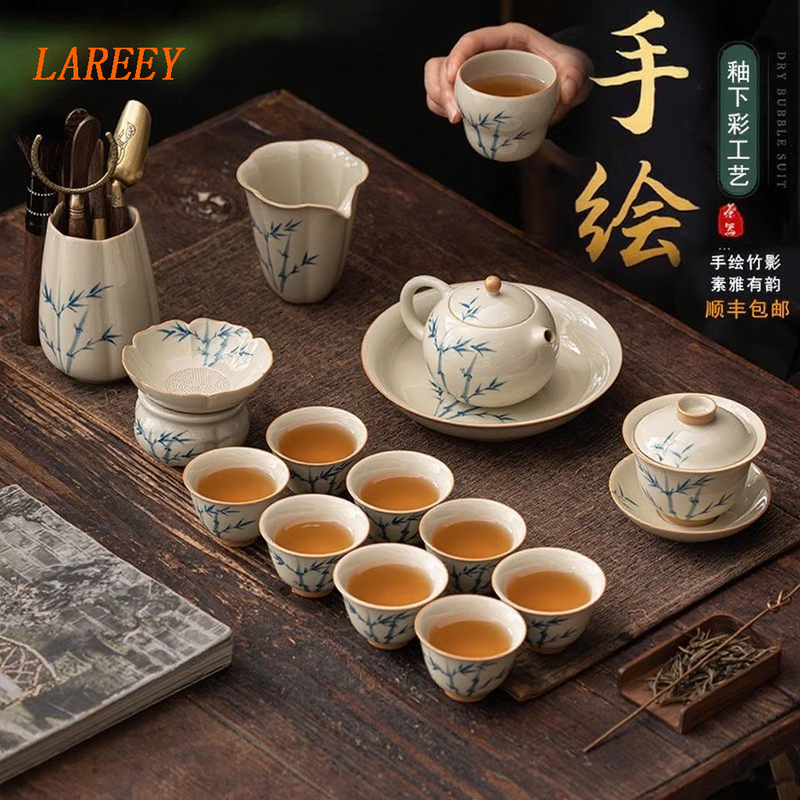 Lareey Hand-Painted Tea Set with Underglaze Bamboo Design, High-End Ceramic Kung Fu Tea Pot and Bowl Set, Complete Gift Box
