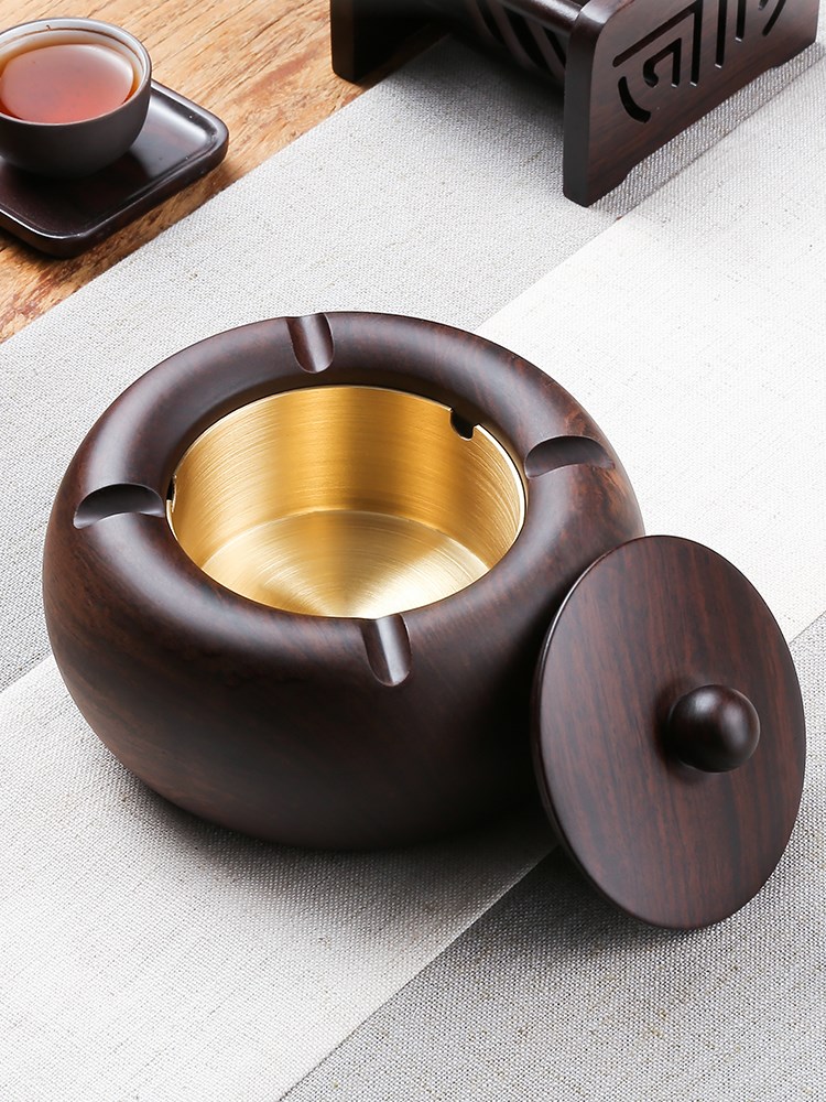 Cigarette Ash Trays Creativity Personality Trend Living Room Home Black Sandalwood Solid Wood With Lid Anti-Fly Ash Chinese Metal Copper-Made Cylinders