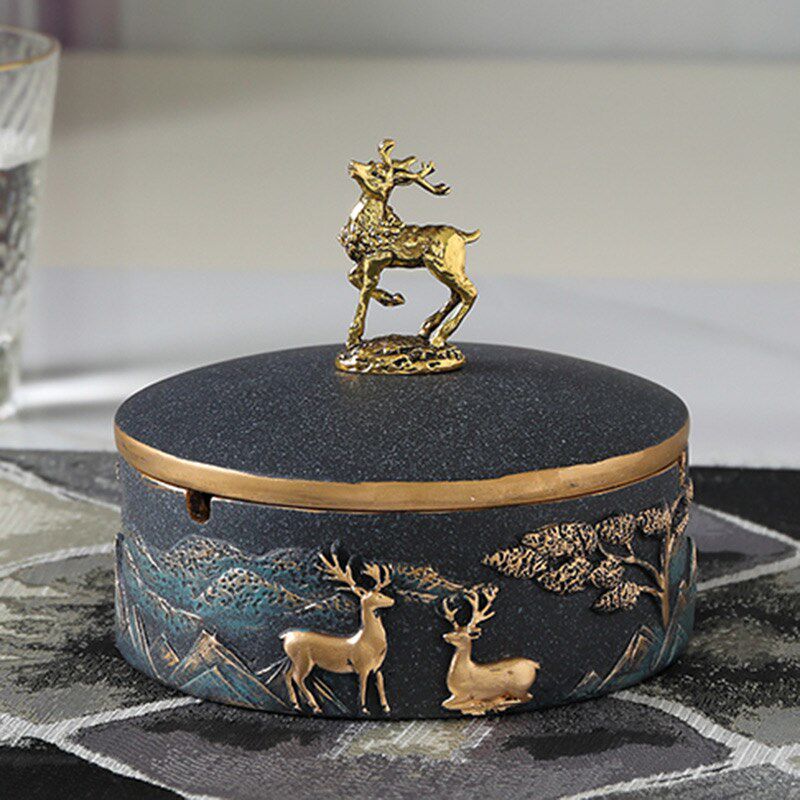 New Chinese-style light luxury retro living room with lid home high-grade resin ashtray anti-flying ash creative personality trend