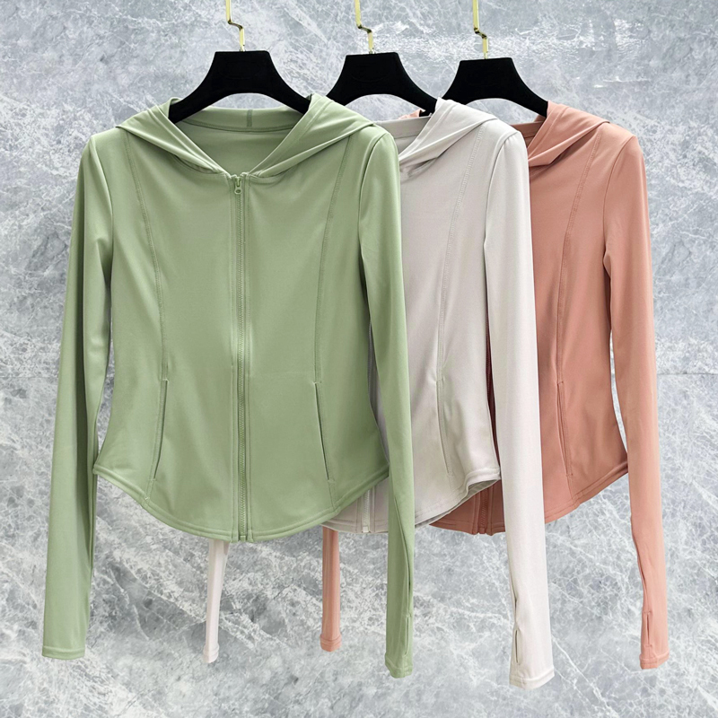 New Sports Fitness Jacket for Women, Spring, Naked-Feel, Tight-Fitting, Quick-Drying, Zip-Up Cardigan, Long-Sleeved, Hooded Running Yoga Top