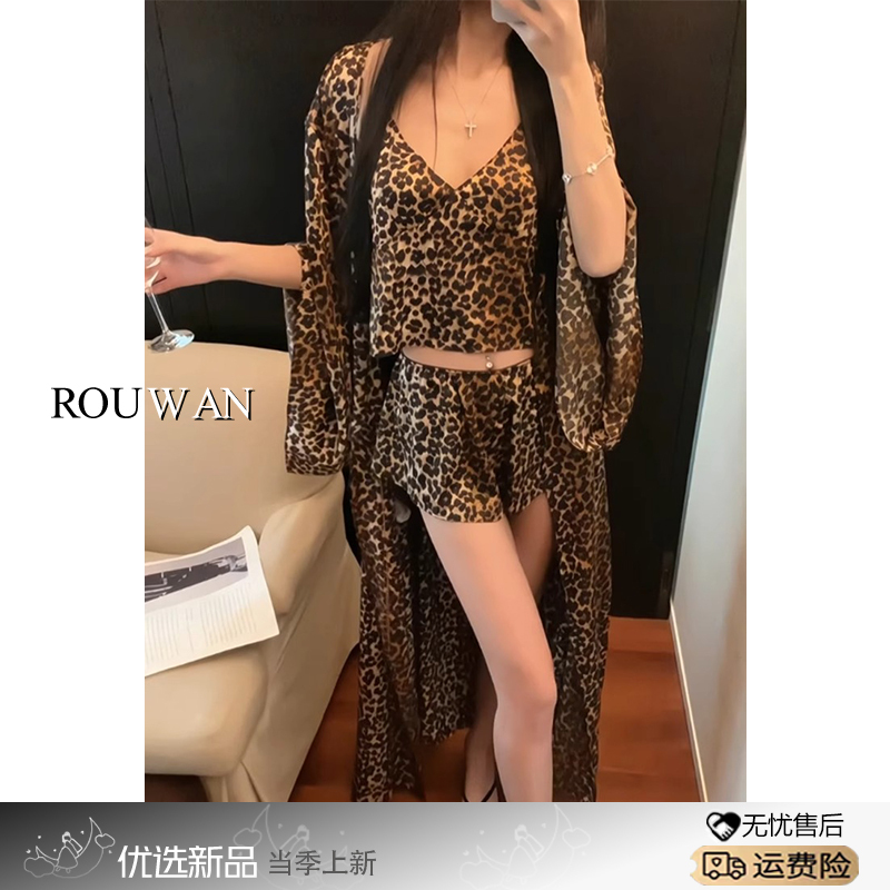 French-Style Sexy Leopard Print Pajamas for Women 2025 Summer High-End Robe with Camisole and Shorts, Loungewear That Can Be Worn Outside