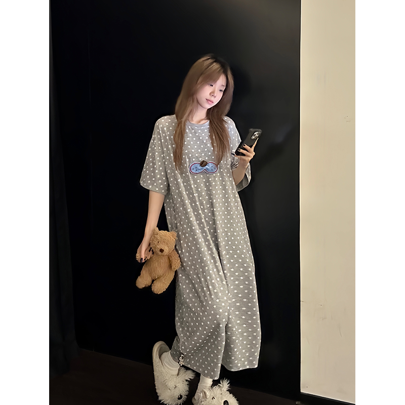 Korean Style Lazy Style Star Cool Cat Short-Sleeved One-Piece Pajamas for Women Summer Loose Long Home Wear Nightgown Can Be Worn Outside