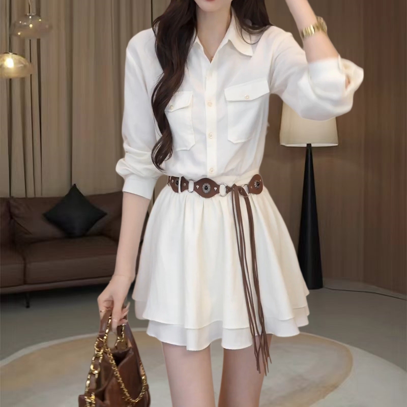 Korean-Style Gentle A-Line Dress for Women, Spring and Summer Waist-Cinching Slimming Elegant Fashionable Shorts + Belt Three-Piece Set Korean-Style Gentle A-Line Dress for Women, Spring and Summer Waist-Cinching Slimming Elegant Fashionable Shorts + Belt Three-Piece Set