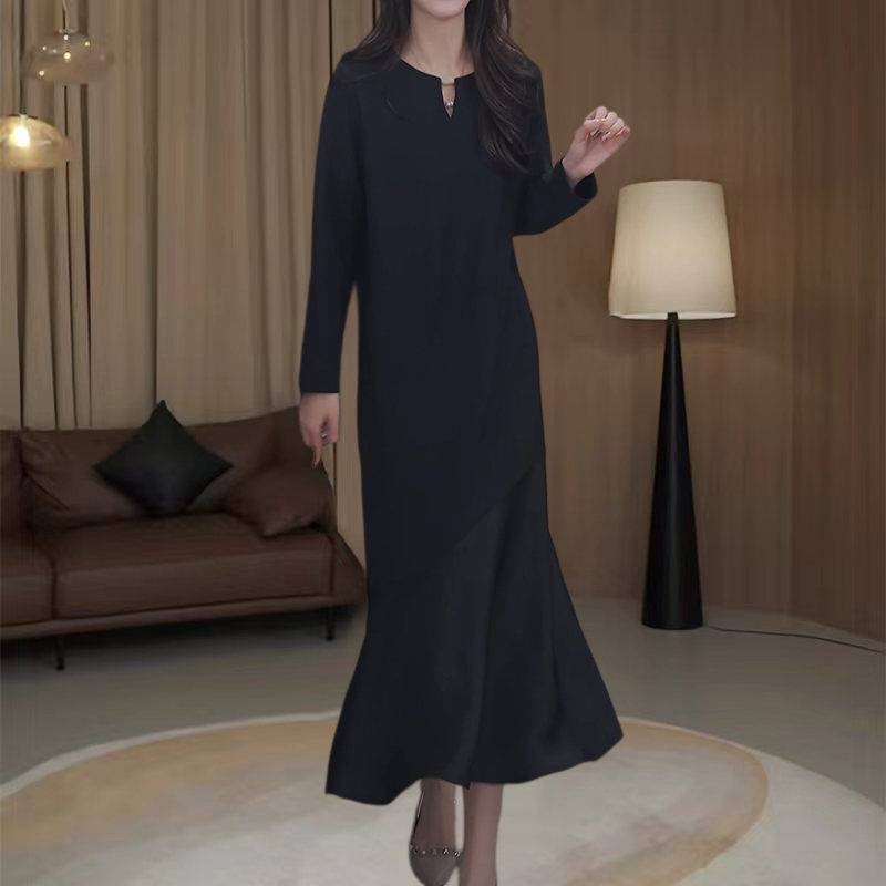 French Hepburn Style Black Fishtail Dress for Women, Spring and Summer, Plus Size, Loose Fit, Slimming Design, Elegant Long Dress French Hepburn Style Black Fishtail Dress for Women, Spring and Summer, Plus Size, Loose Fit, Slimming Design, Elegant Long Dress