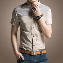 短袖衬衫男士夏季韩版修身纯棉拼接牛仔商务