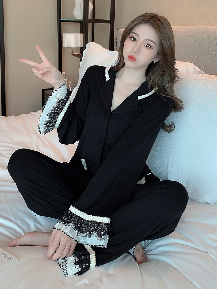 Angelina zl Model pajamas woman spring and autumn cotton sexy lace side black home suit